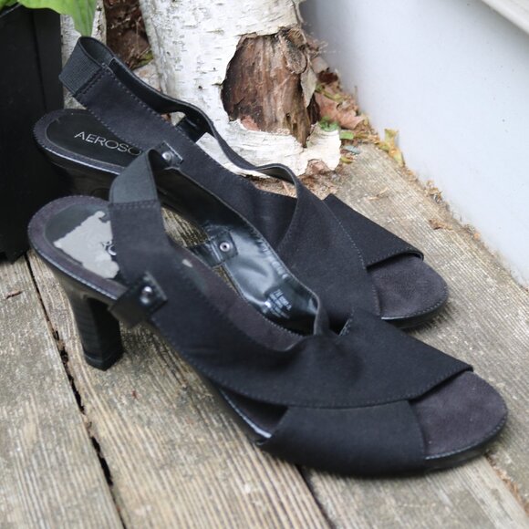 Aerosoles Black Fabric Criss Cross Open Toe Elastic Sling Back 3" Heels Sz 7 - Picture 3 of 7